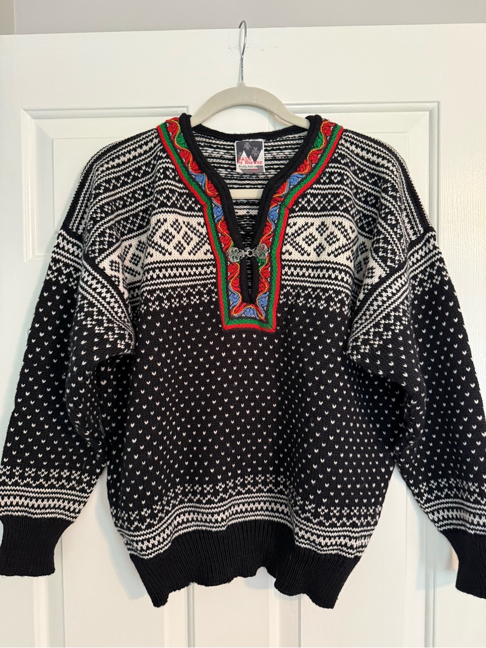 Dale of Norway Black & White Nordic V-Neck Sweater with Red Green Blue Trim